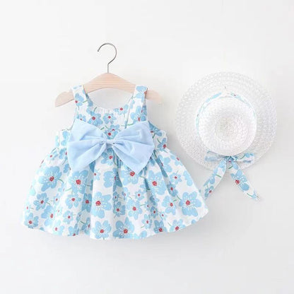 2in1 Koreanisches Trägerkleid für Mädchen mit Schleife im Blumen Design und Hut
