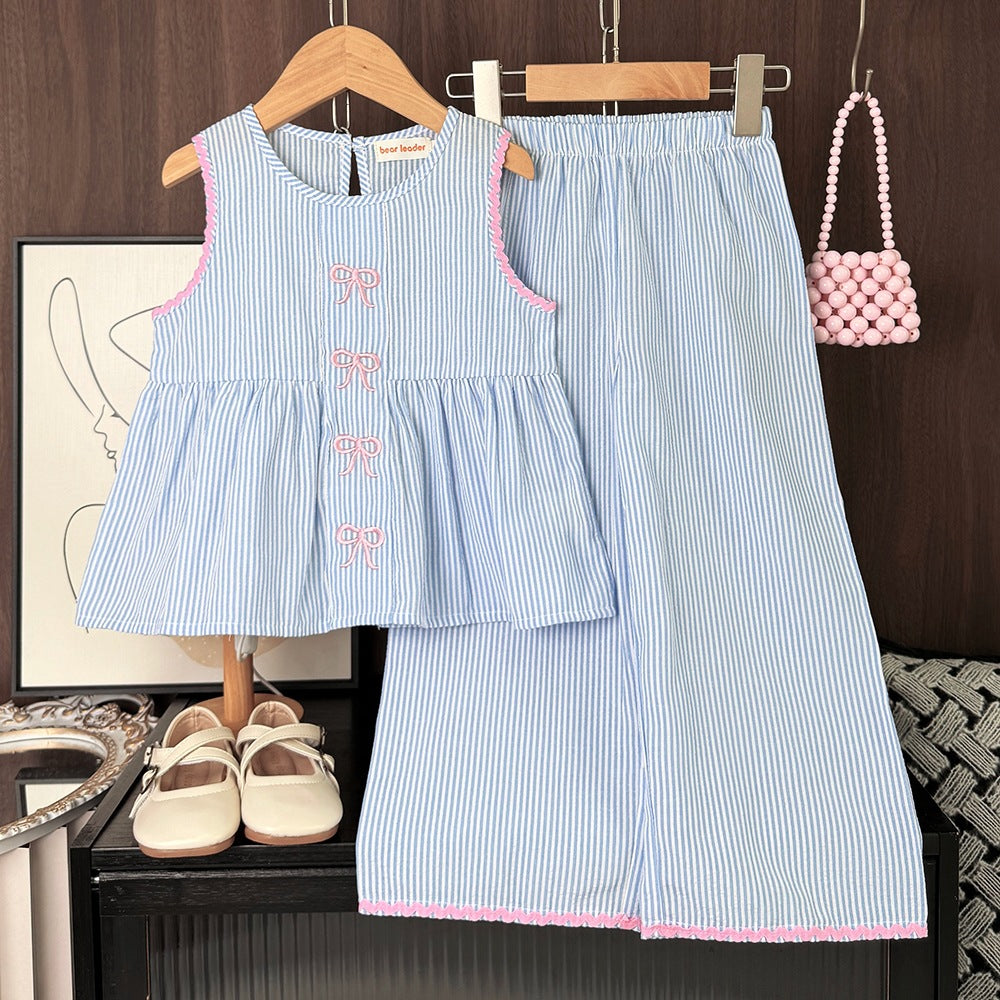 Sommerliches Mädchen-Set mit Streifen & Schleifenstickerei – Süßes 2-teiliges Outfit