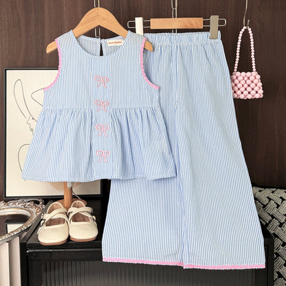 Sommerliches Mädchen-Set mit Streifen & Schleifenstickerei – Süßes 2-teiliges Outfit