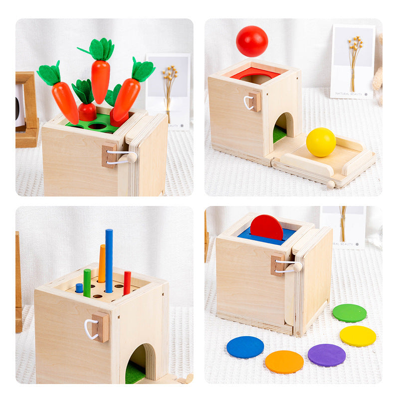 Montessori Holz Spielbox mit verschiedene Aufgaben und Lösungen