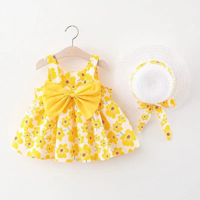2in1 Koreanisches Trägerkleid für Mädchen mit Schleife im Blumen Design und Hut