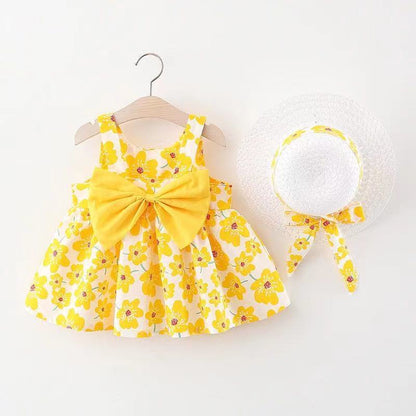 2in1 Koreanisches Trägerkleid für Mädchen mit Schleife im Blumen Design und Hut