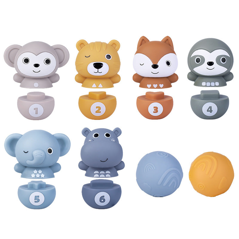 6-in-1 weiches Tier-Bowling- & Stapelspiel aus Gummi – Montessori-Lernspielzeug für Kinder