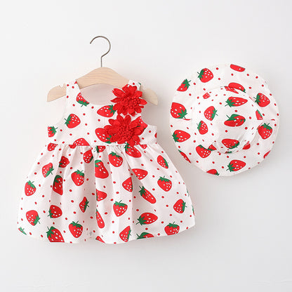 Sommerliches 2in1 Set  Ärmelloses Mädchenkleid mit Erdbeer-Muster inkl. Hut