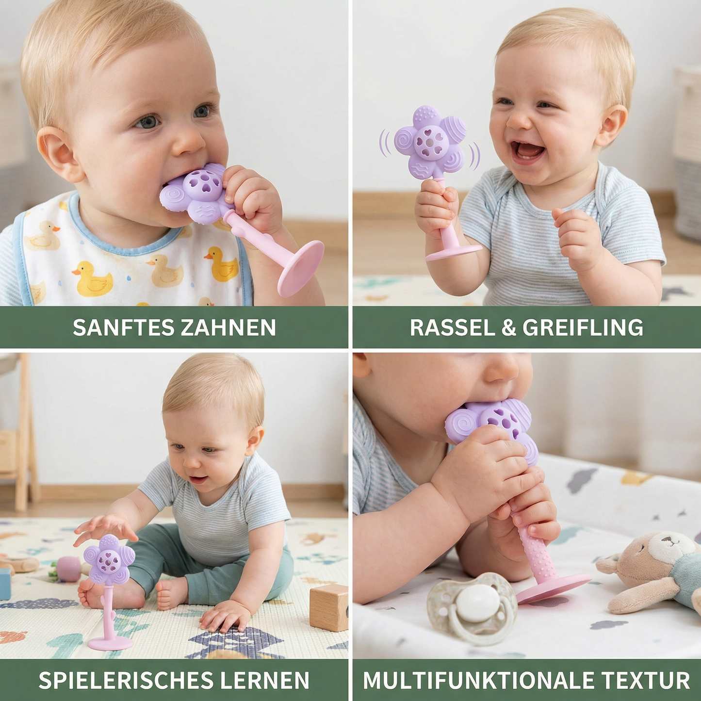 Blumen-Beißring & Rassel – Sanftes Zahnungsspielzeug aus lebensmittelechtem Silikon