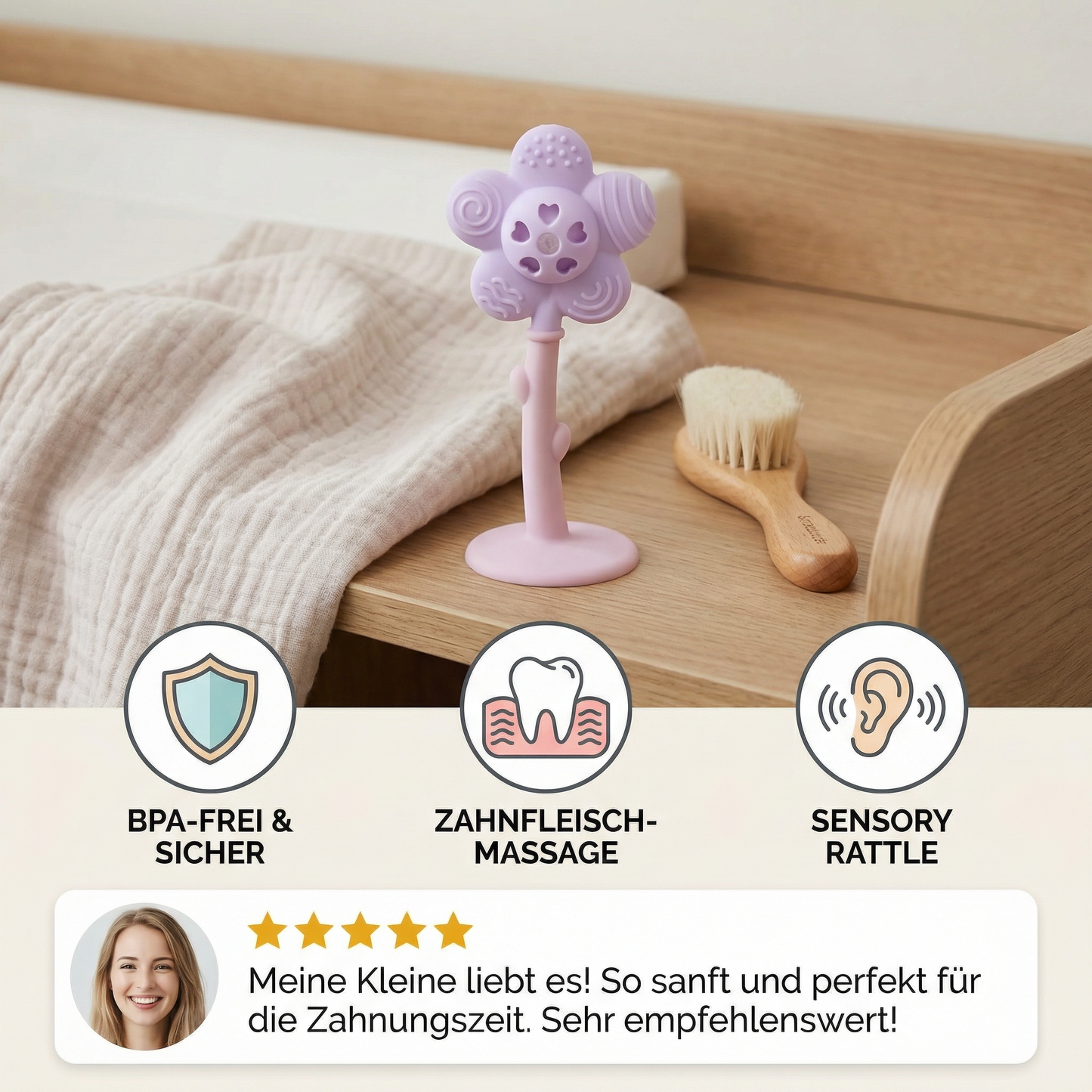 Blumen-Beißring & Rassel – Sanftes Zahnungsspielzeug aus lebensmittelechtem Silikon
