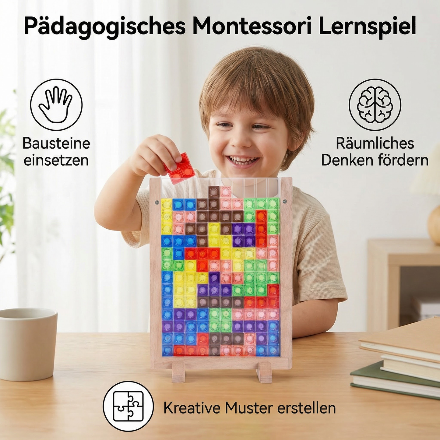3D Farben Baustein Puzzle mit Holzrahmen – Pädagogisches Montessori Lernspiel