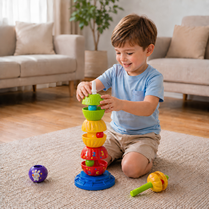2-in-1 interaktiver drehbarer Stapel- & Ballfallturm mit Rassel für Kinder