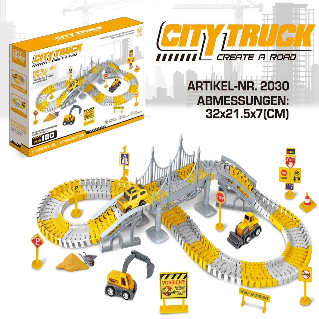 Baustellenfahrzeug-Rennstrecken-Spielset mit Brücke, Fahrzeugen & Verkehrsschildern