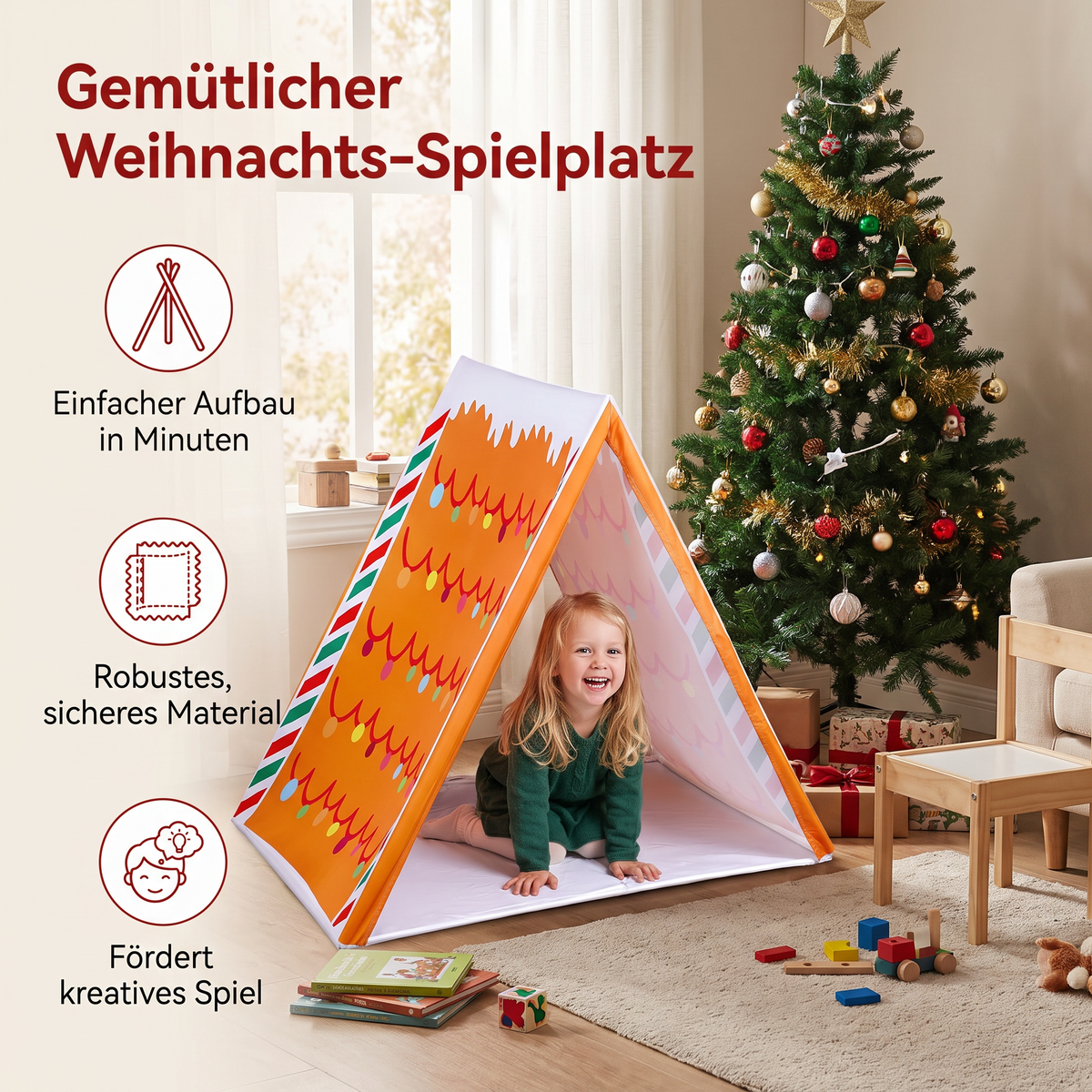 Weihnachtliches Spielzelt im Lebkuchenhaus-Design für Kinder