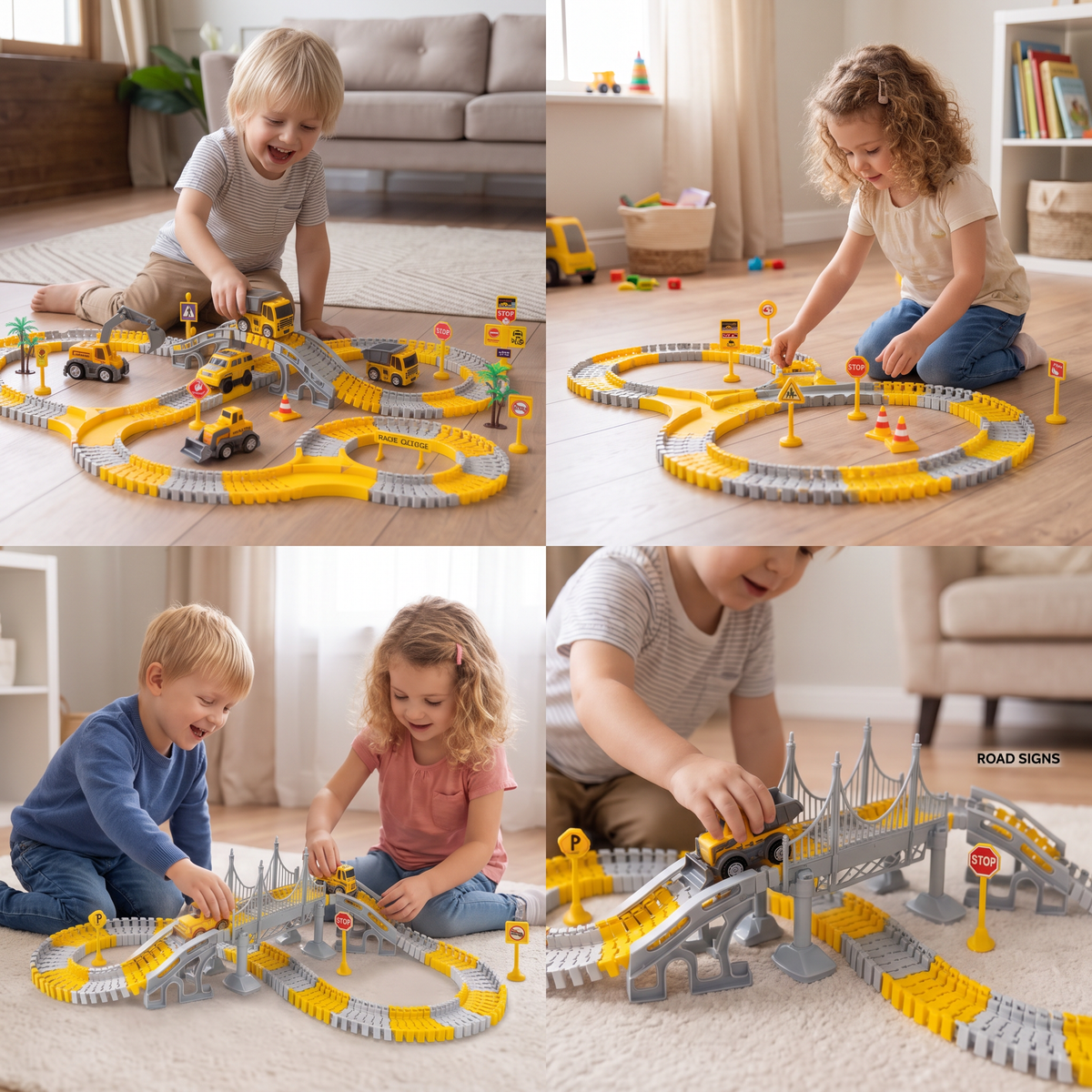 Baustellenfahrzeug-Rennstrecken-Spielset mit Brücke, Fahrzeugen & Verkehrsschildern
