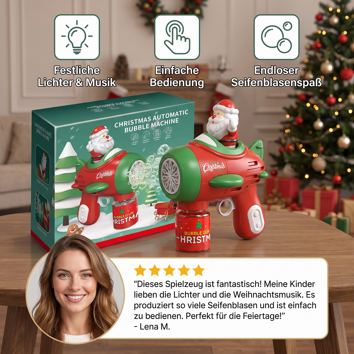 Elektrische Weihnachts-Seifenblasenpistole mit Licht & Sound für Kinder
