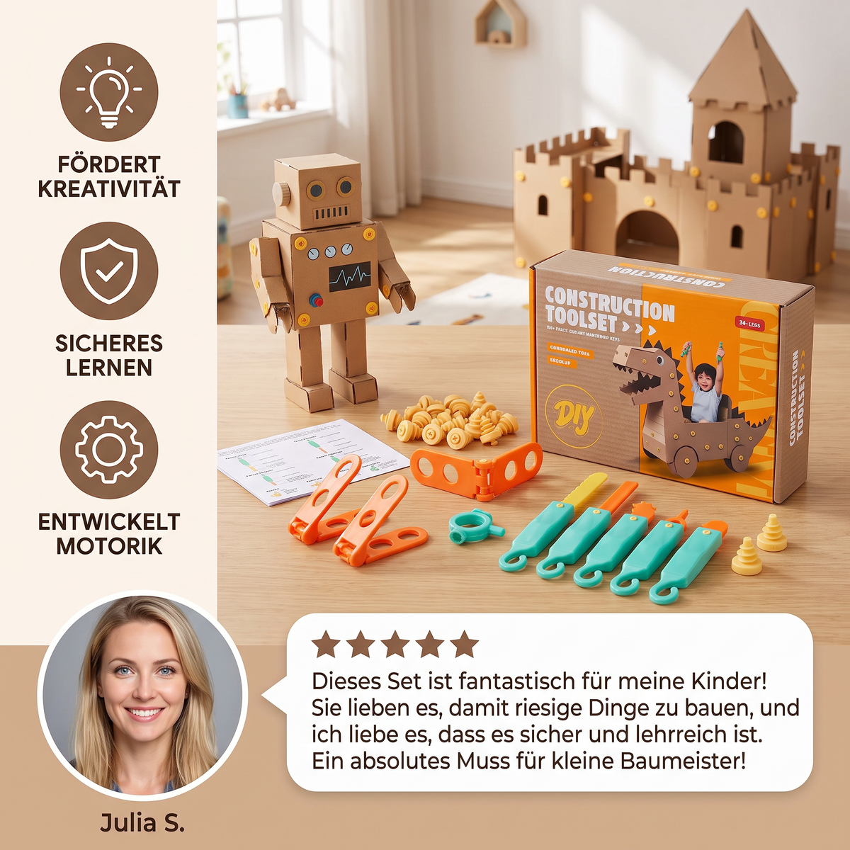 Sicheres 100-teiliges MINT-Konstruktionsset aus Pappe mit Werkzeugset für Kinder