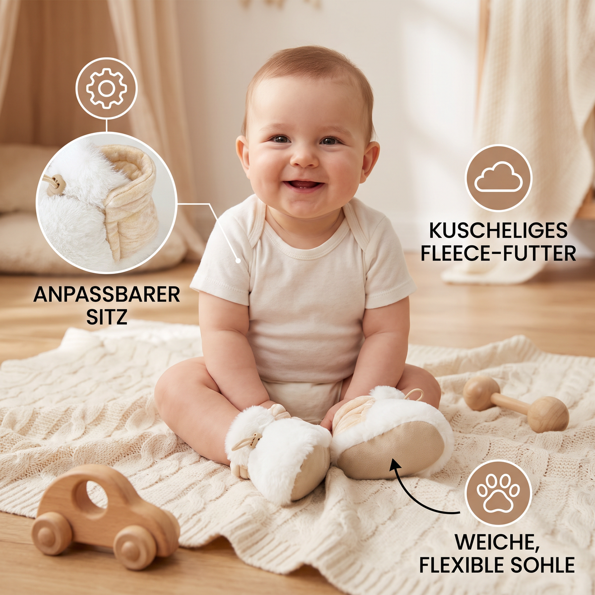 Warme & gemütliche Baby-Booties aus Baumwolle mit Fleecefutter und weichen Sohlen