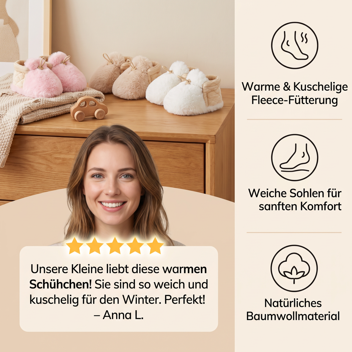 Warme & gemütliche Baby-Booties aus Baumwolle mit Fleecefutter und weichen Sohlen