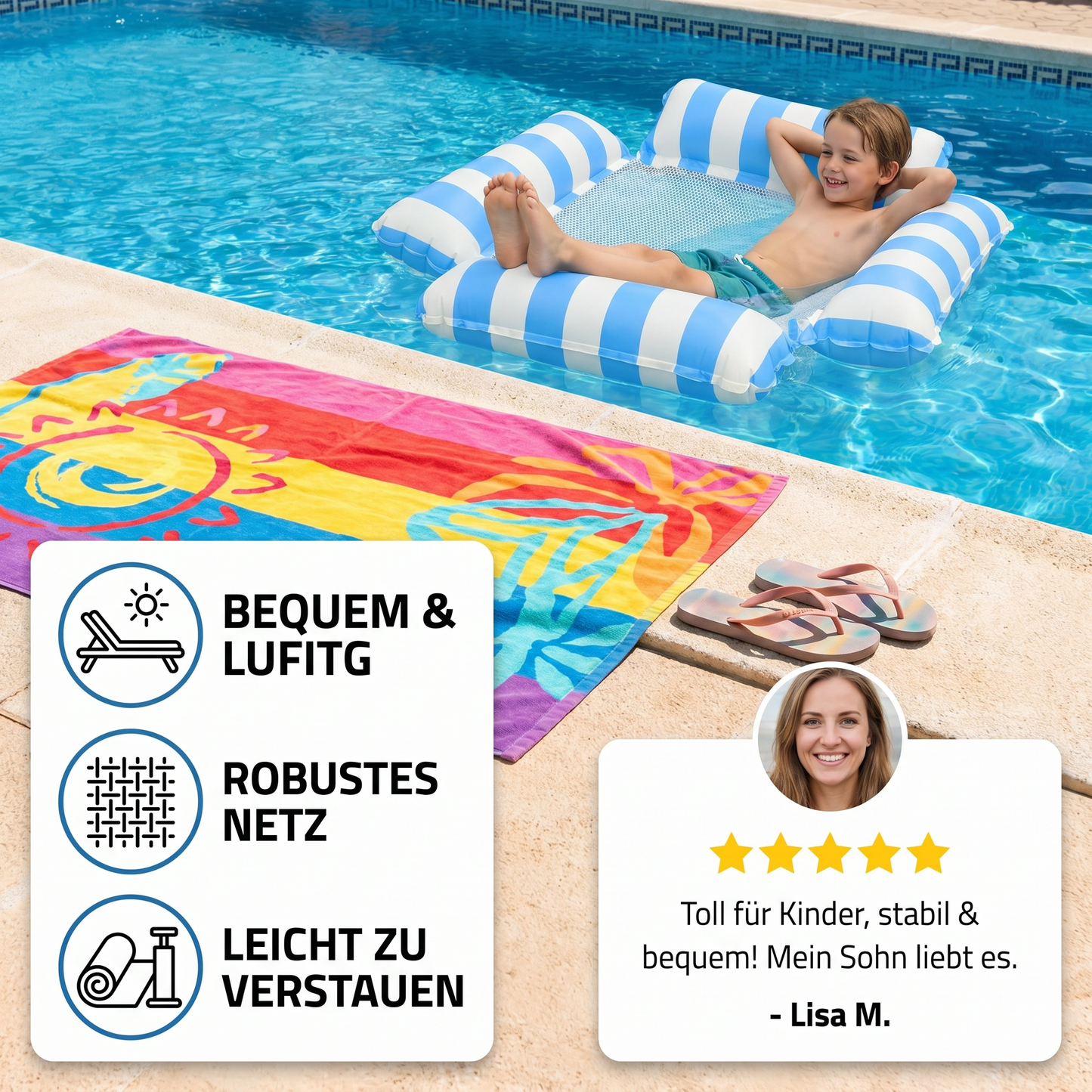 Aufblasbare Wassermatte mit Netzfläche – Komfortable Pool- & Schwimmliege