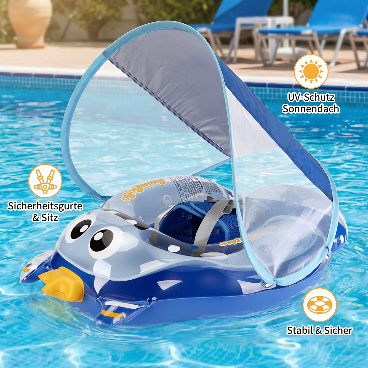 Aufblasbarer Baby-Schwimmring mit Schultergurten & Sonnendach – Sicherer Pool-Sitz für Babys