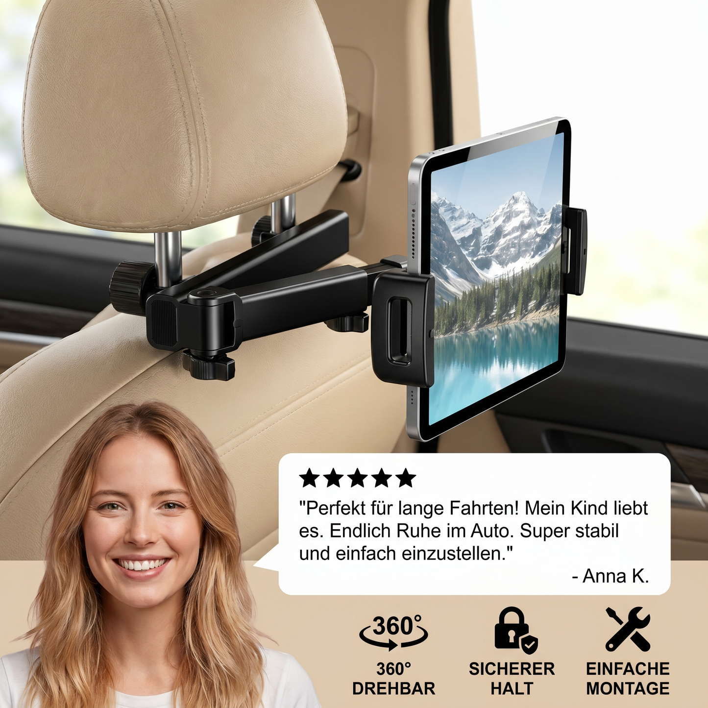 Um 360° drehbarer Tablet-Halter für die Kopfstütze im Auto – Halterung für Tablets auf dem Rücksitz