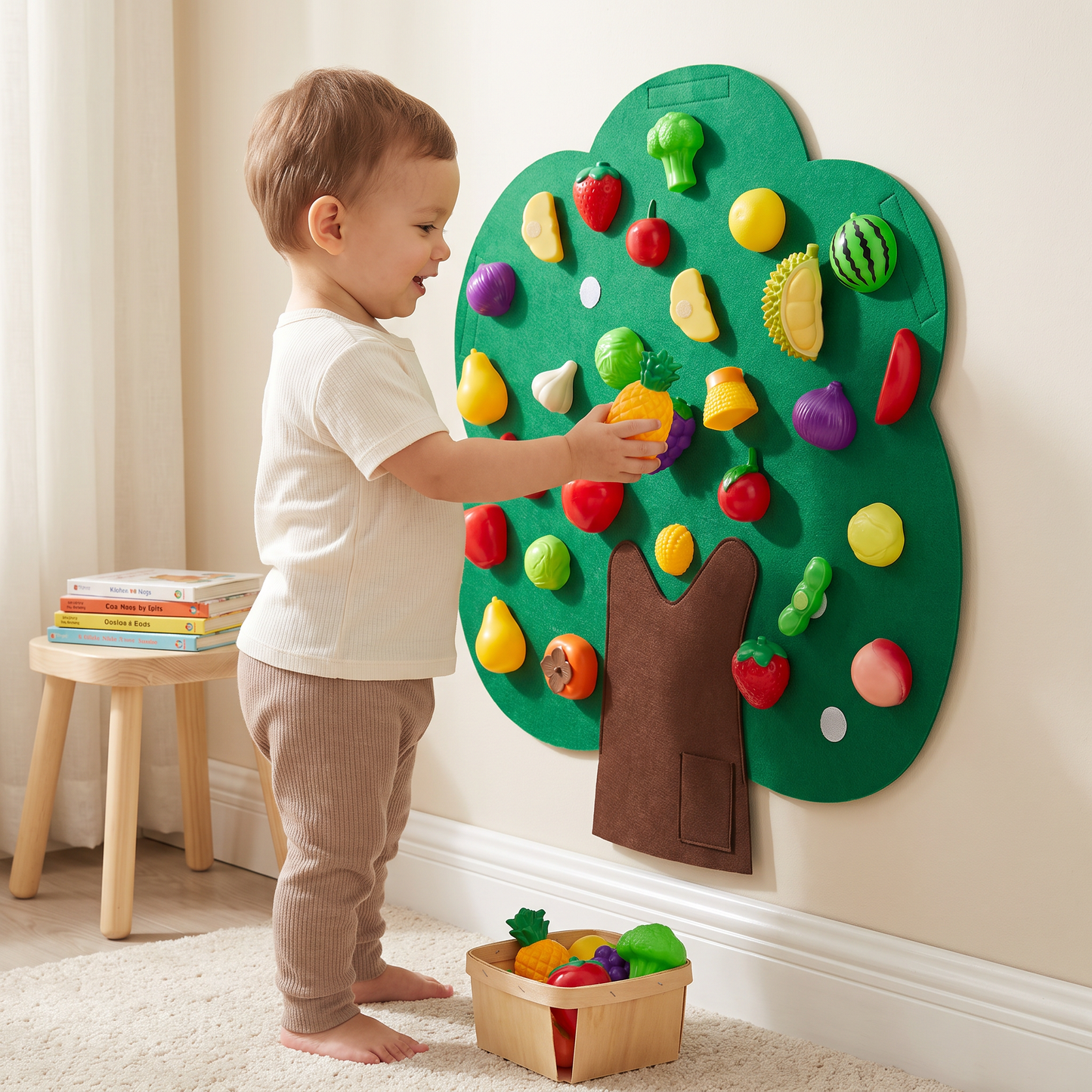Aktivitätsbrett „Obstbaum“ aus Filz – Montessori-Lernspielzeug