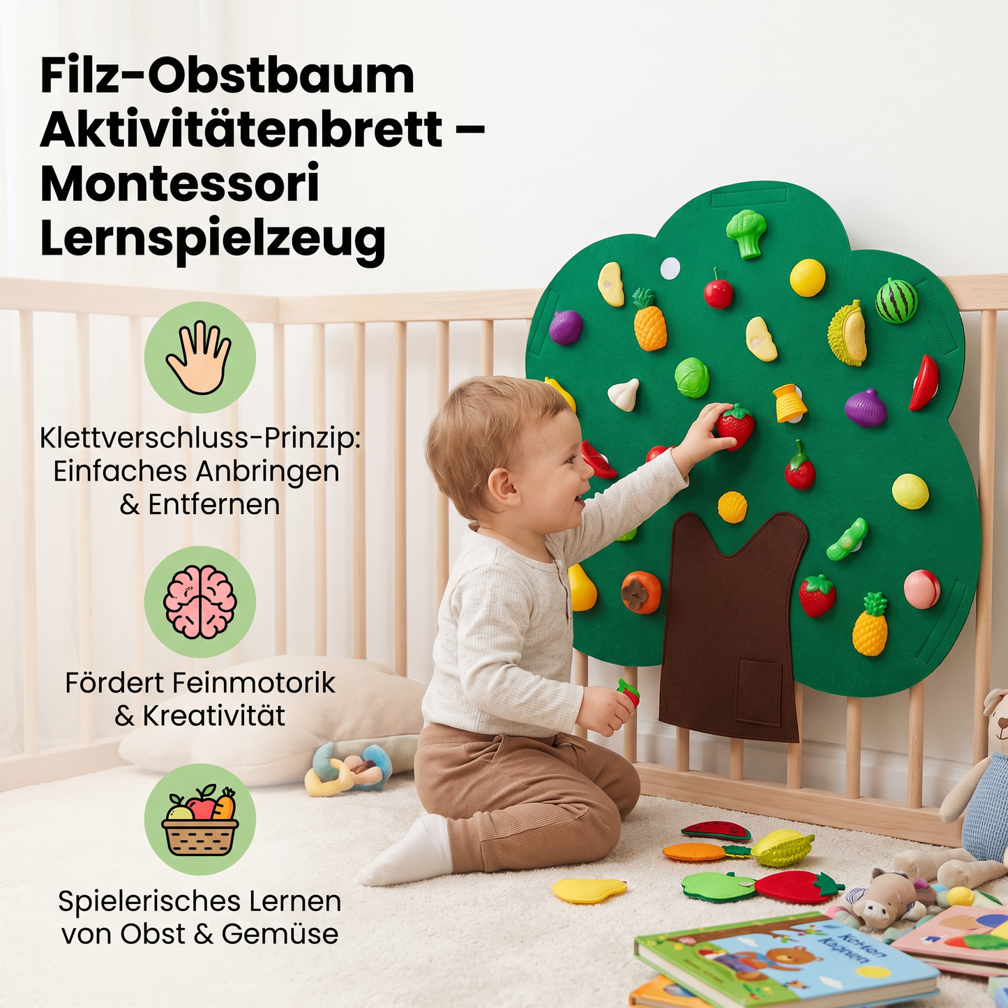Aktivitätsbrett „Obstbaum“ aus Filz – Montessori-Lernspielzeug