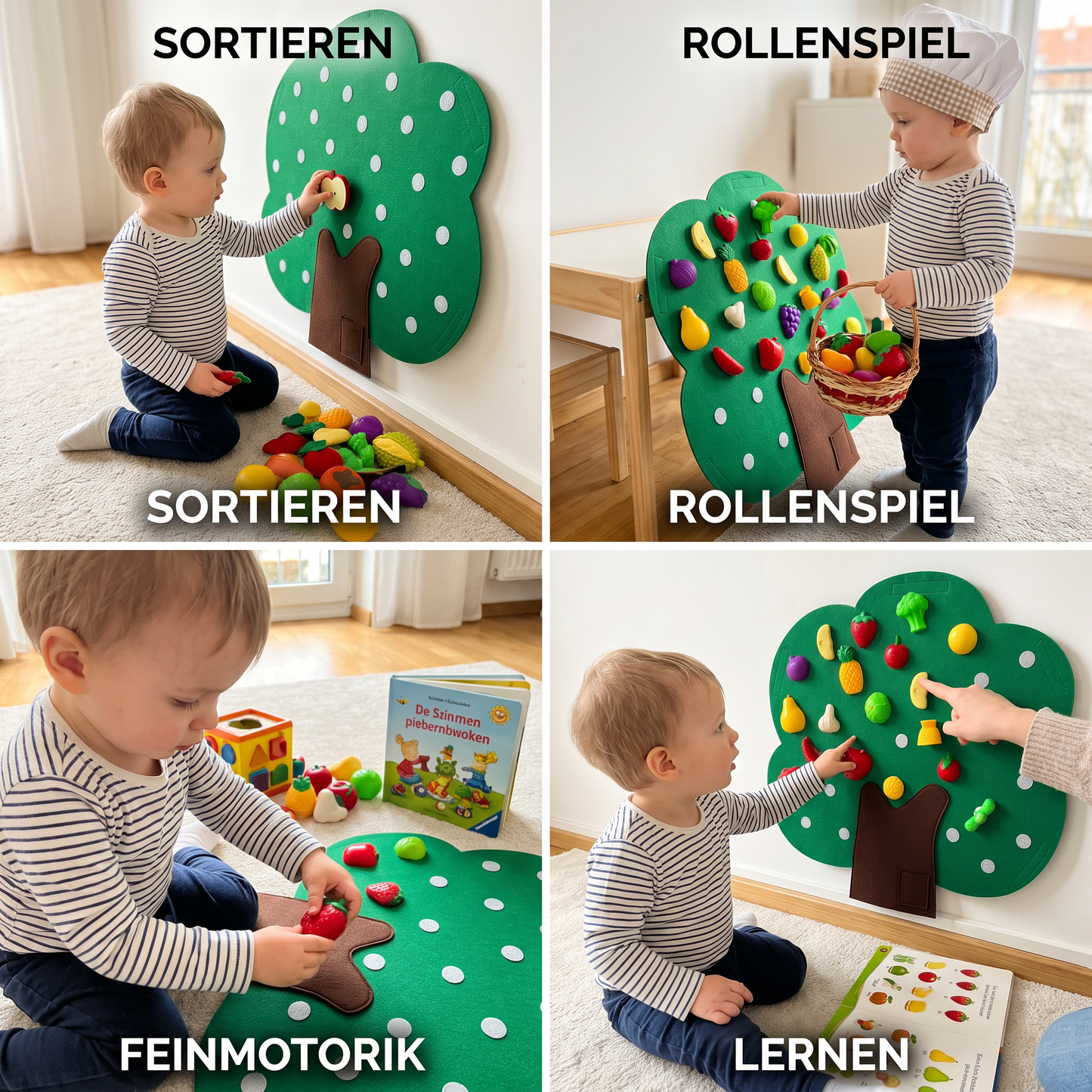 Aktivitätsbrett „Obstbaum“ aus Filz – Montessori-Lernspielzeug