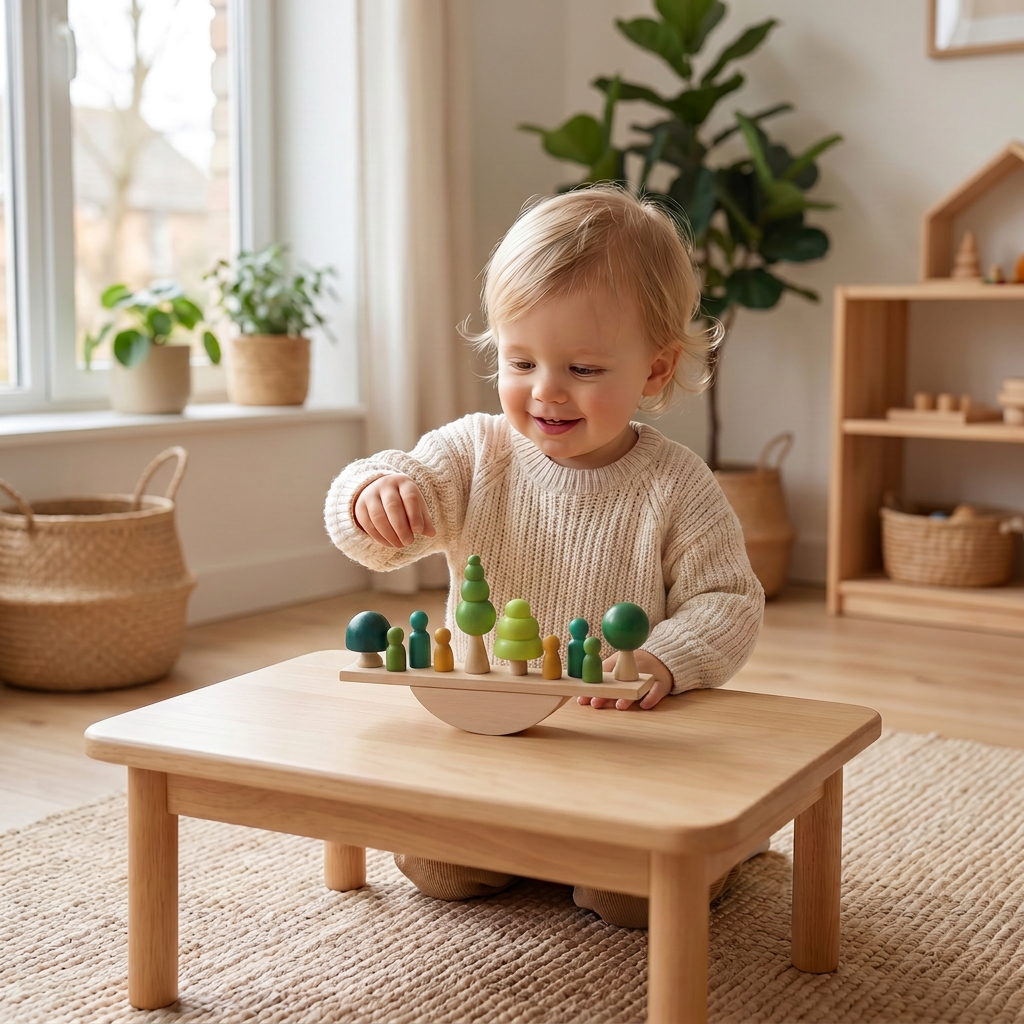 Montessori Balance-Wippe mit Holzsteinen