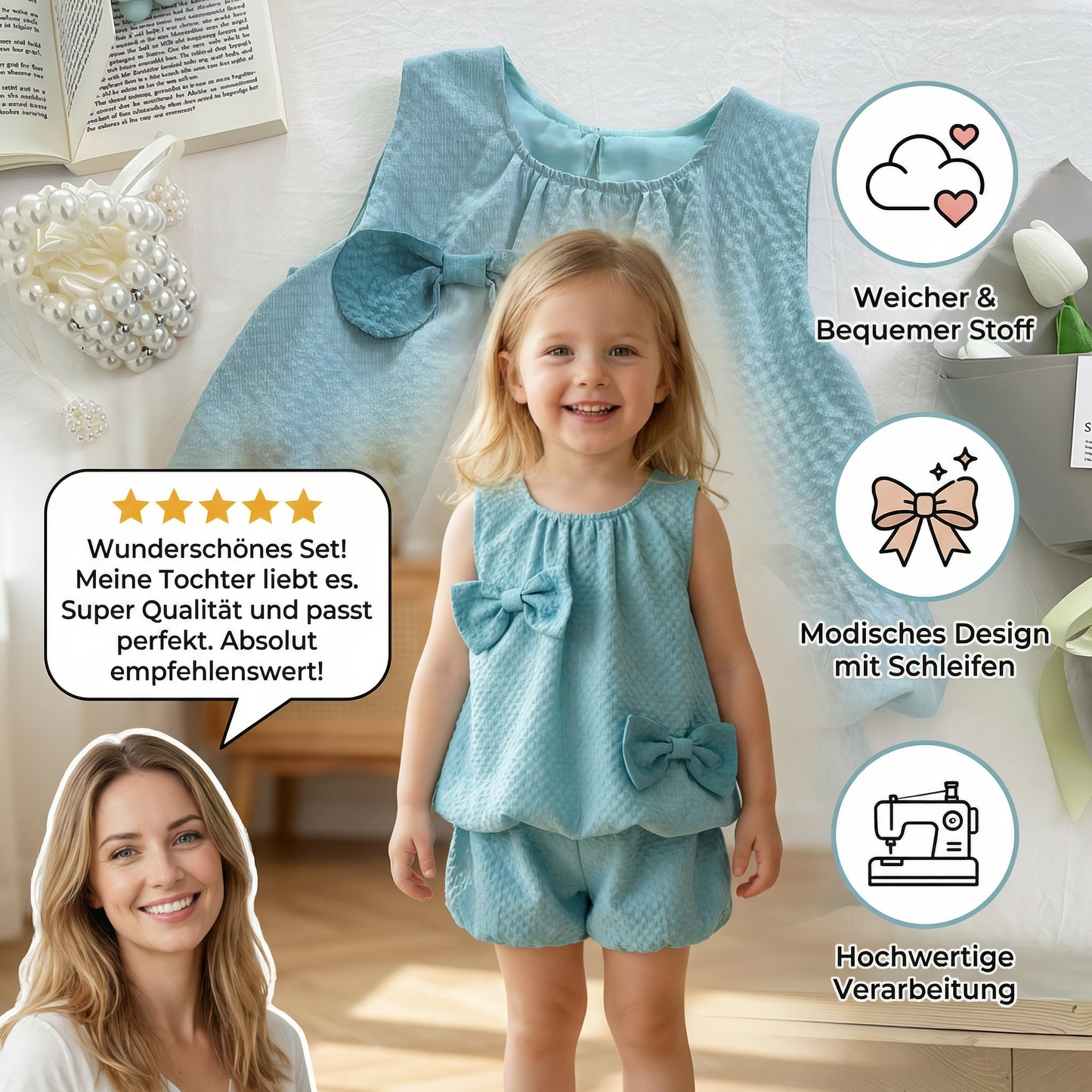 Trendiges 2-teiliges Mädchen-Set – Grünes Outfit mit Schleifen-Details