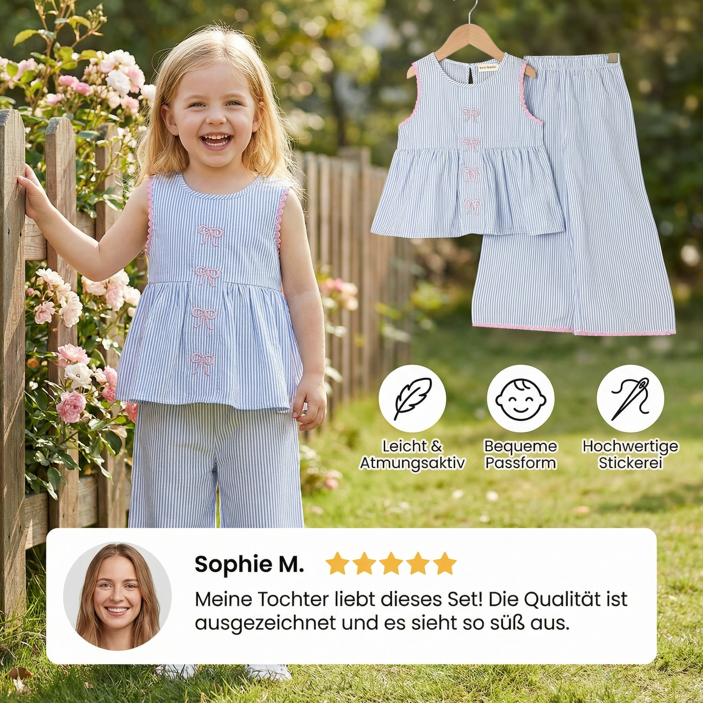 Sommerliches Mädchen-Set mit Streifen & Schleifenstickerei – Süßes 2-teiliges Outfit