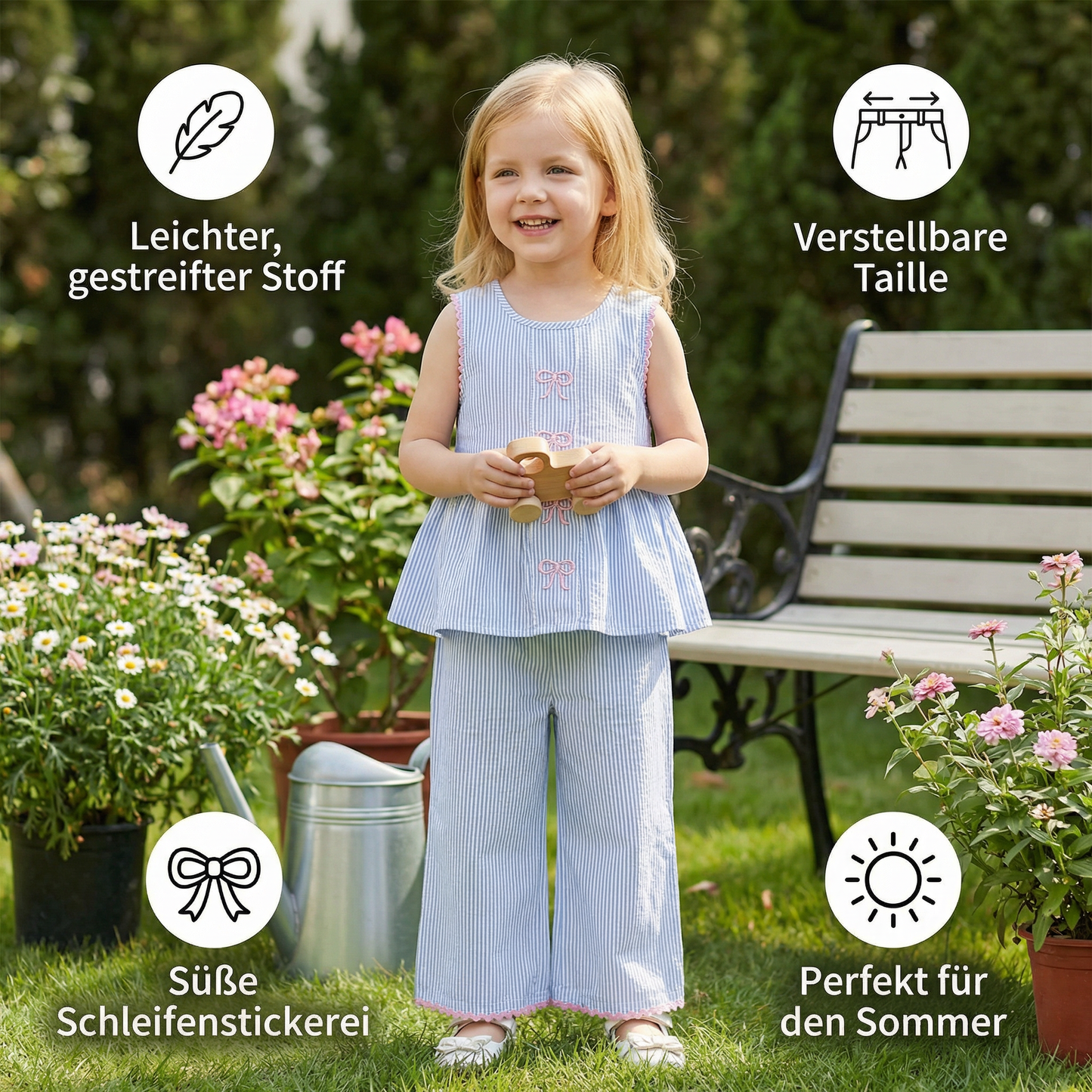 Sommerliches Mädchen-Set mit Streifen & Schleifenstickerei – Süßes 2-teiliges Outfit