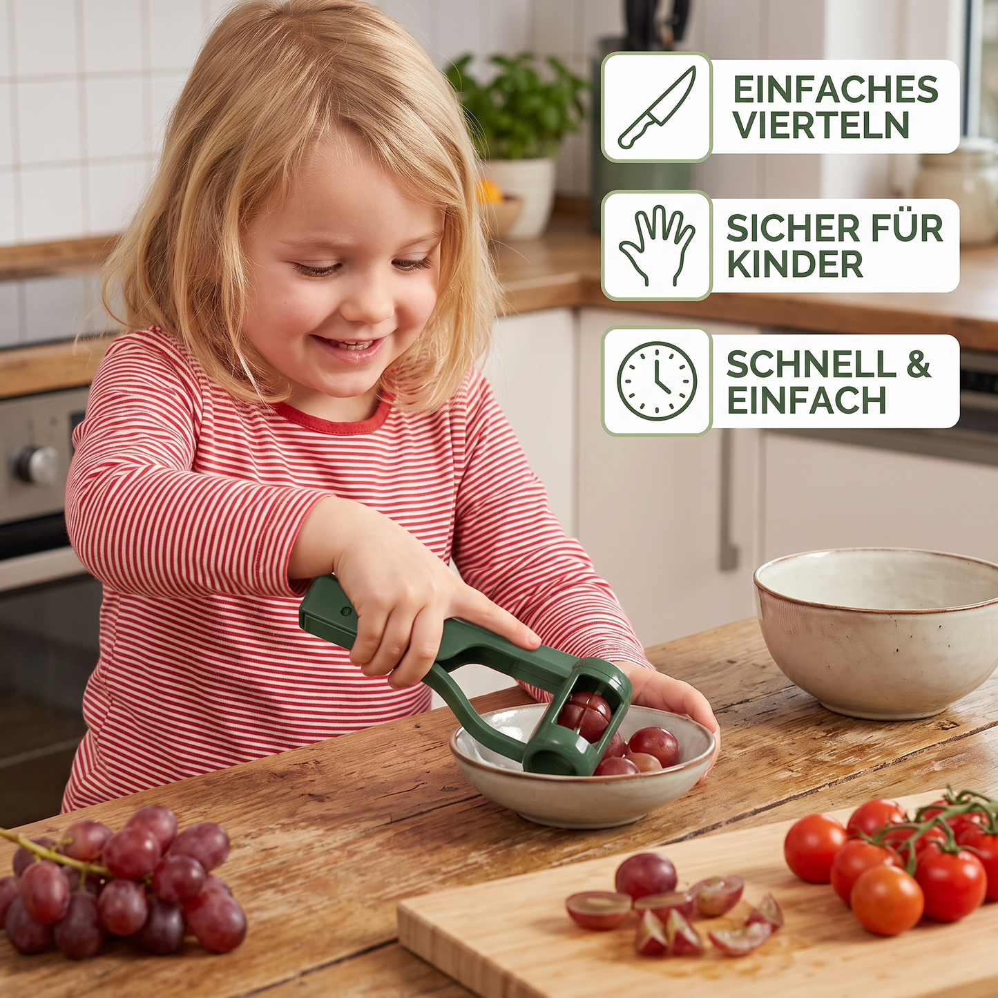 Edelstahl-Trauben- & Cherrytomaten-Schneider – Sicherer Einhand-Viertelschneider für Kleinkinder & Kinder