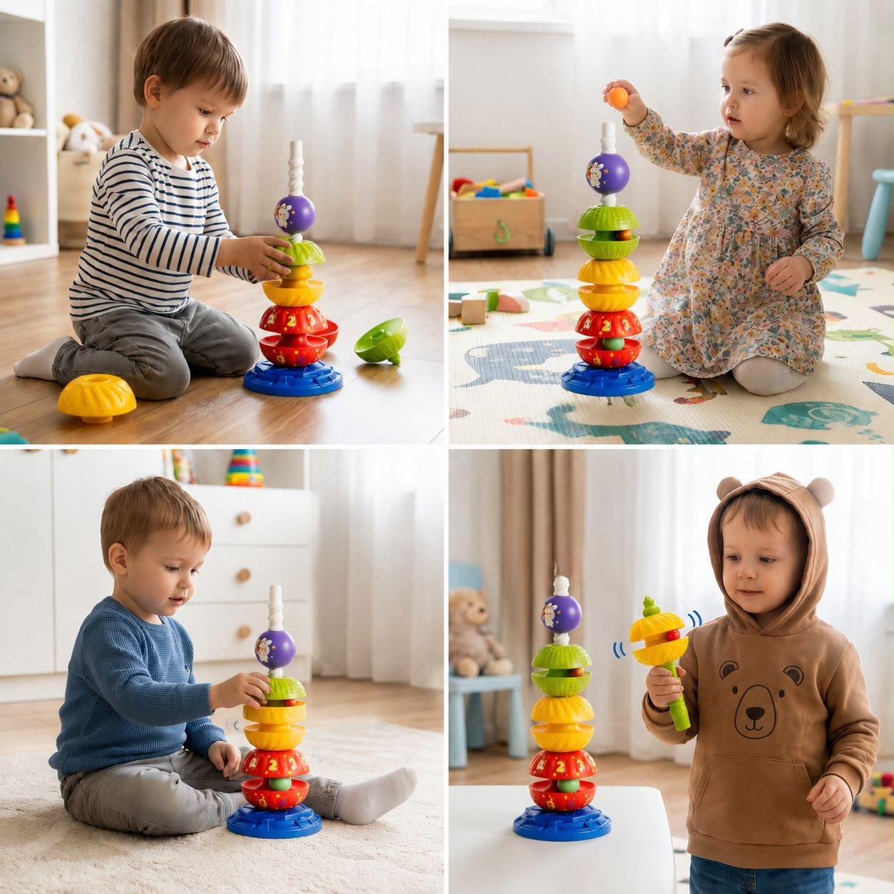 2-in-1 interaktiver drehbarer Stapel- & Ballfallturm mit Rassel für Kinder