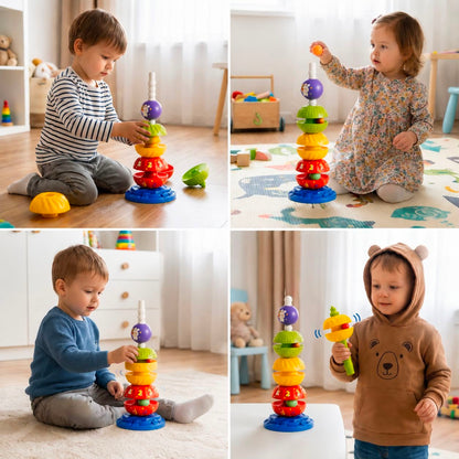 2-in-1 interaktiver drehbarer Stapel- & Ballfallturm mit Rassel für Kinder