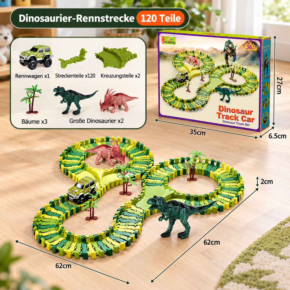 215-teiliges Dinosaurier-Rennstrecken-Set mit motorisierten Autos, Brücke & Dinosaurierfiguren
