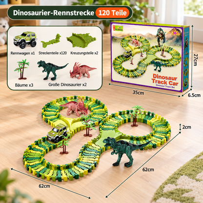 215-teiliges Dinosaurier-Rennstrecken-Set mit motorisierten Autos, Brücke & Dinosaurierfiguren