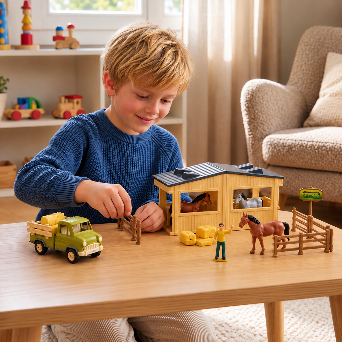 DIY zerlegbares Bauernhof-LKW- & Pferdestall-Spielset für Kinder