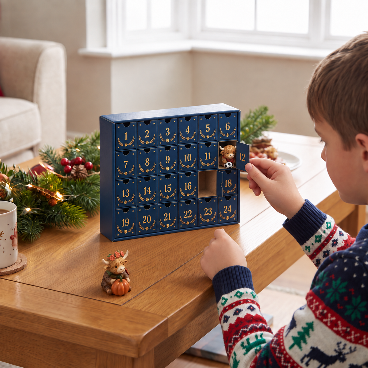 24-Tage-Adventskalender mit Highland-Rindern als sammelbare Mini-Figuren