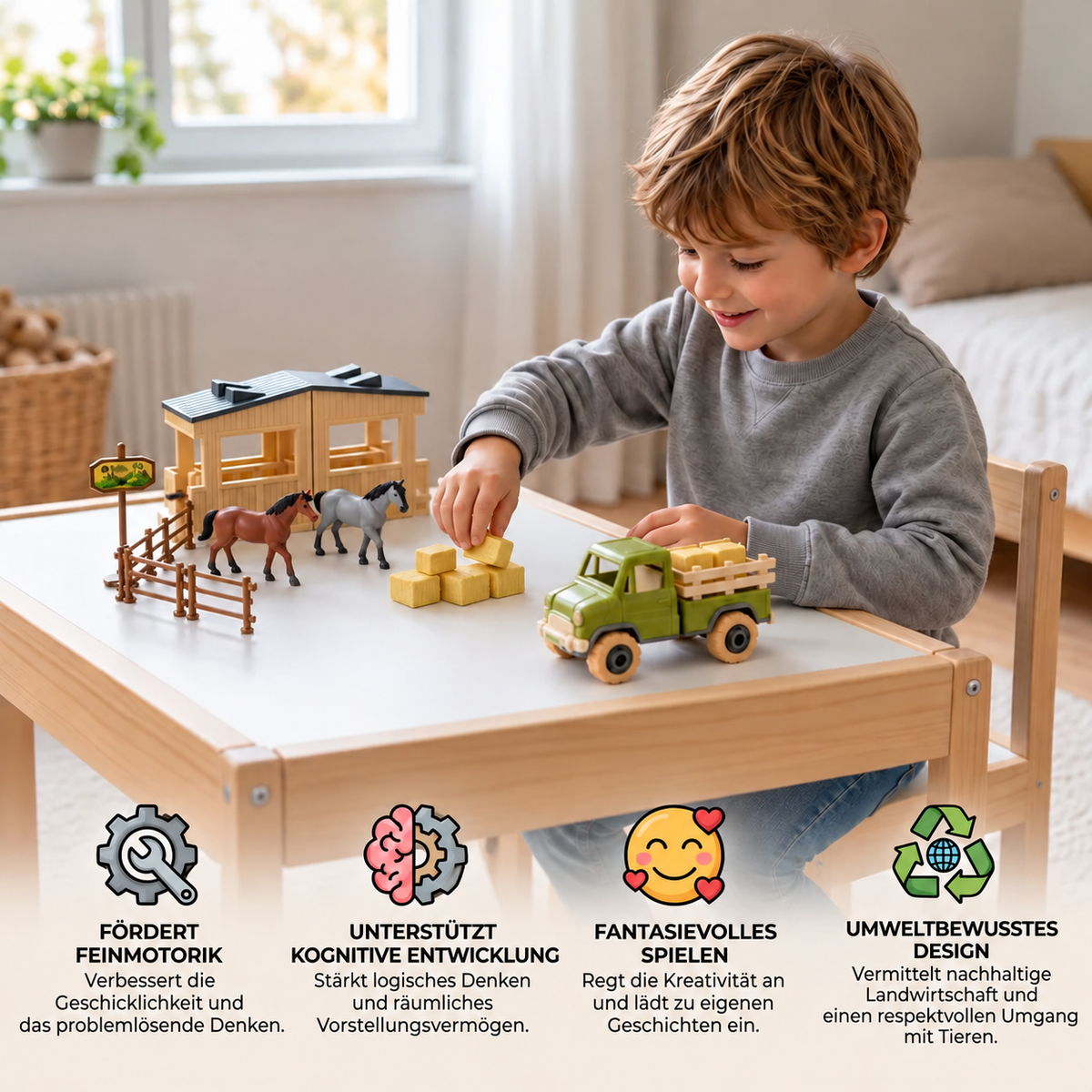 DIY zerlegbares Bauernhof-LKW- & Pferdestall-Spielset für Kinder