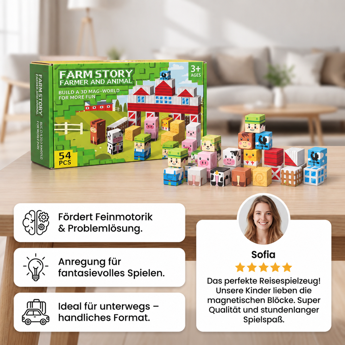 Magnetisches Bauernhof-Baustein-Reisespielset mit Tieren & Scheune