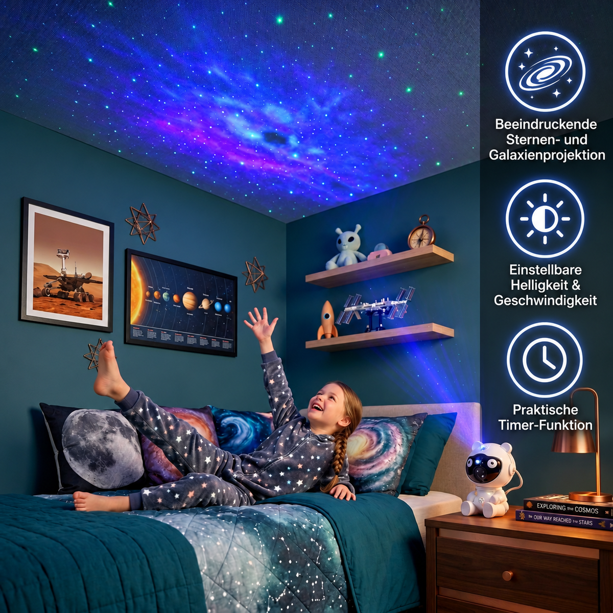 Astronauten-Galaxie- & Sternenprojektor mit 8-farbiger Nebelprojektion & Fernbedienung