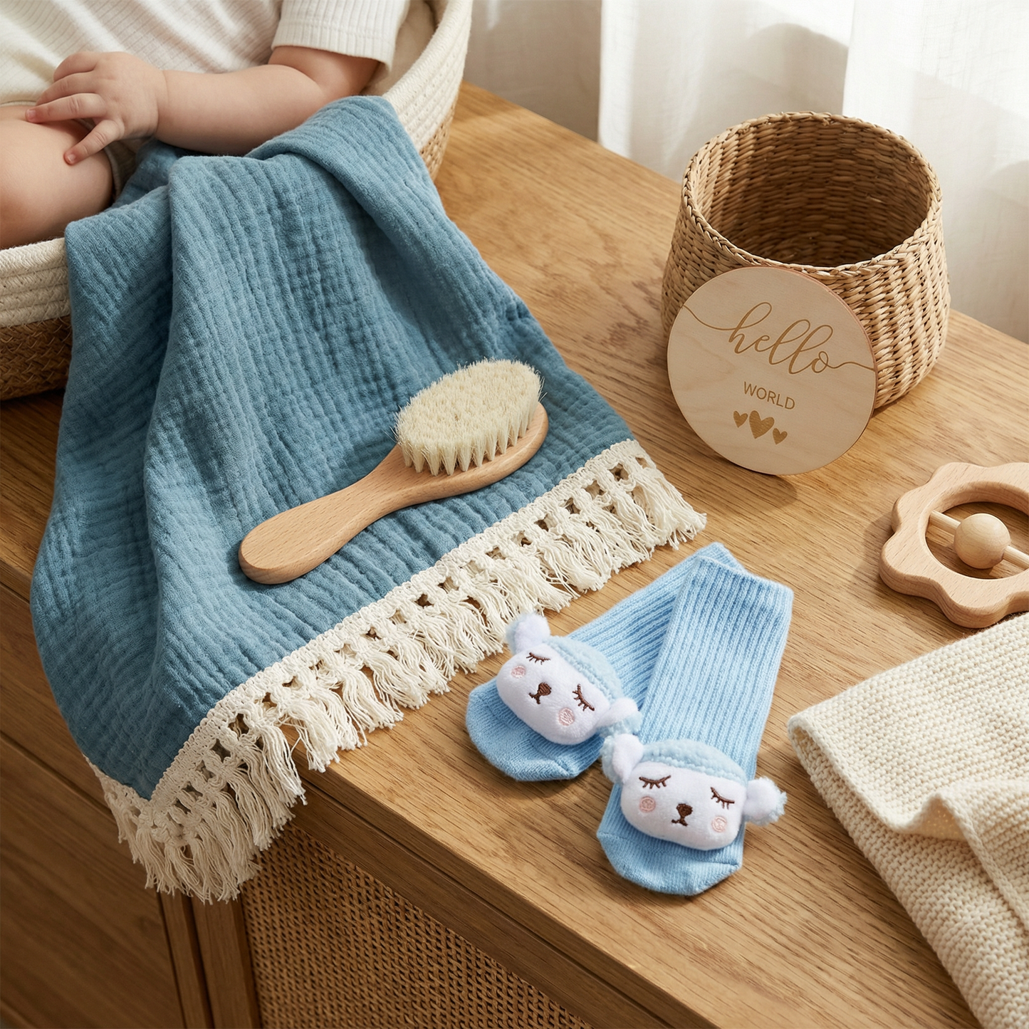 Baby Pflege Geschenkbox – Handtuch, Socken oder Haarband & Badebürste für Neugeborene