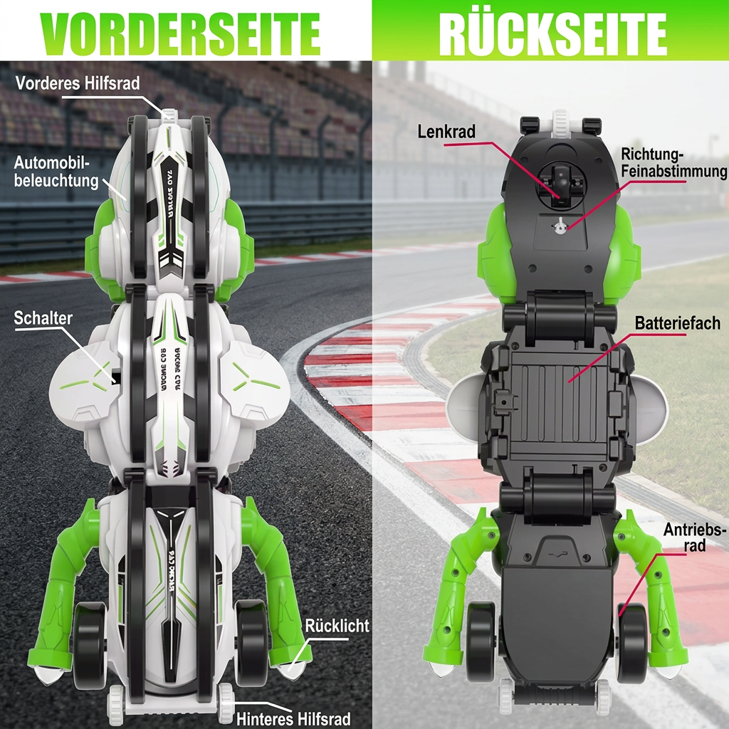 2-in-1 ferngesteuertes verwandelbares Stuntauto mit 360°-Drehung & LED-Lichtern