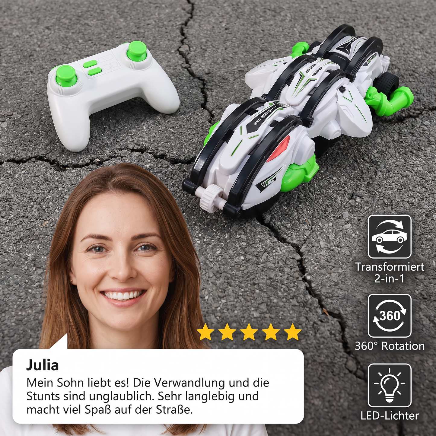 2-in-1 ferngesteuertes verwandelbares Stuntauto mit 360°-Drehung & LED-Lichtern