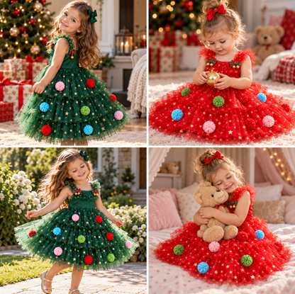 Weihnachtliches Tutu-Kleid für Mädchen mit Pompons, Paillettensternen & Rüschenärmeln