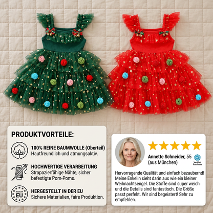 Weihnachtliches Tutu-Kleid für Mädchen mit Pompons, Paillettensternen & Rüschenärmeln