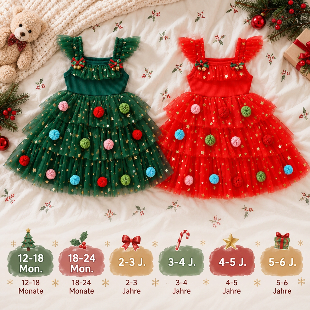Weihnachtliches Tutu-Kleid für Mädchen mit Pompons, Paillettensternen & Rüschenärmeln