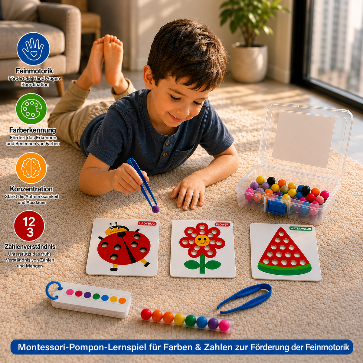 Montessori-Pompon-Lernspiel für Farben & Zahlen zur Förderung der Feinmotorik