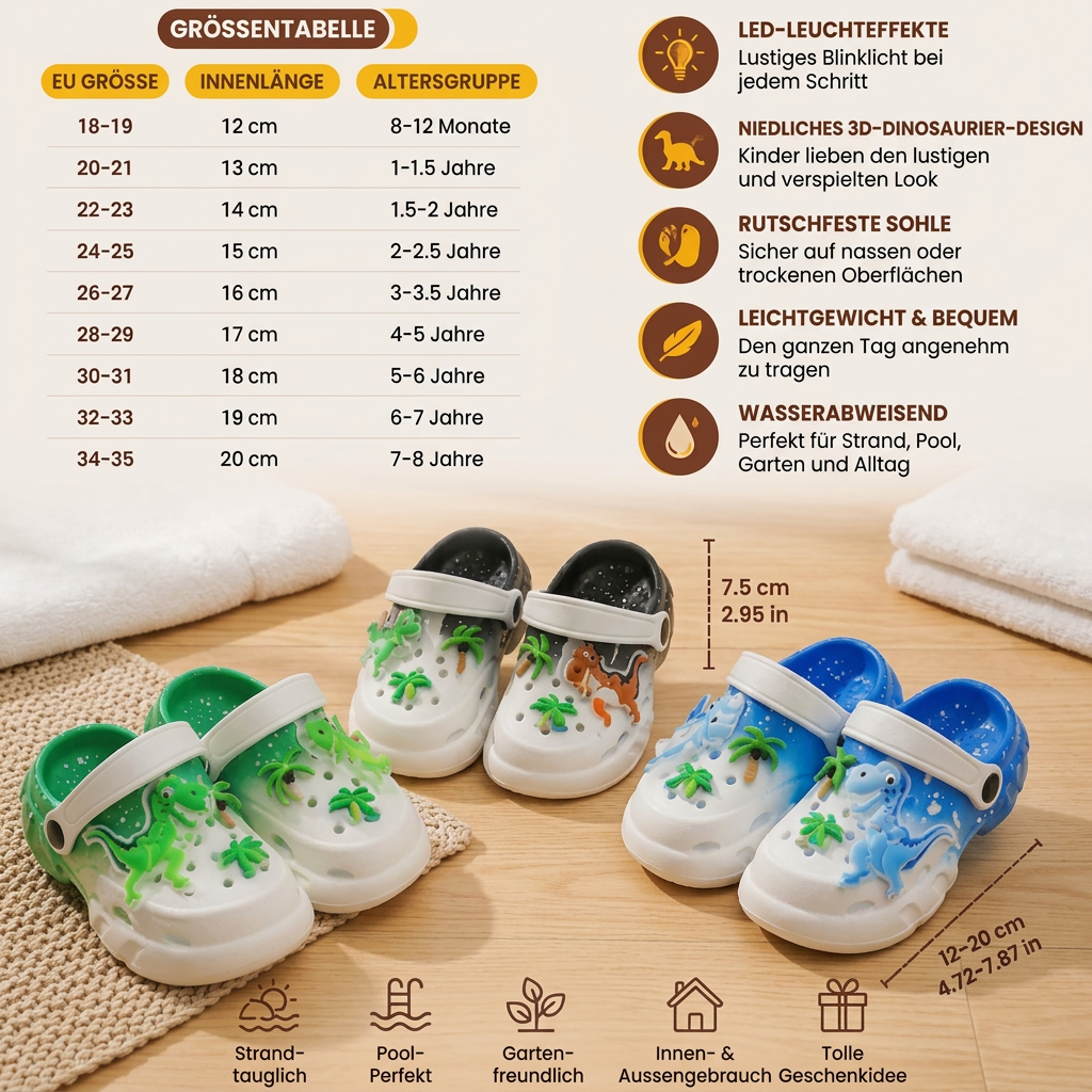 LED-Dinosaurier-Clogs für Kinder – Leuchtende, rutschfeste Sommer- und Strandschuhe für Garten und Strand