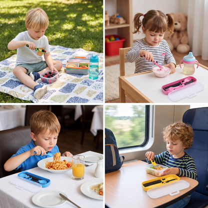 3-teiliges Kinder-Besteckset im Baufahrzeug-Design mit Löffel Gabel & Reiseetui