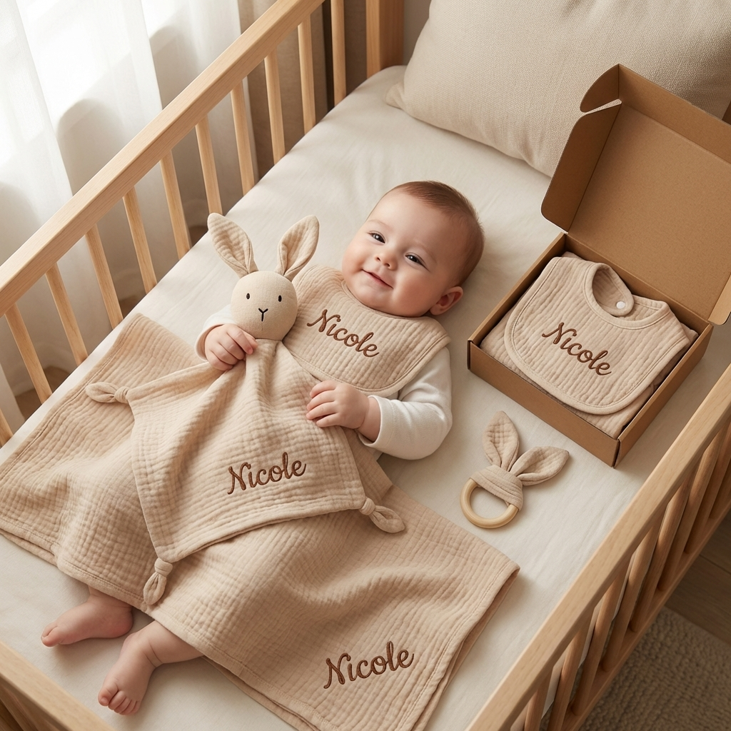 Personalisiertes 4-teiliges Neugeborenen Geschenkset – Musselin, Beißring & Lätzchen (100% Baumwolle)