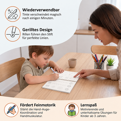 Wiederverwendbare Schreibübungsbücher mit Rillen für Kinder – 6-teiliges Nachspur- & Schreibset